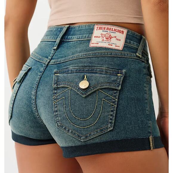 True Religion Jennie Short Mid Rise Curvy Flap Shorts Size 31 - Picture 2 of 6